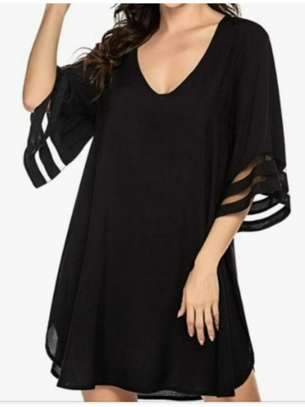 Ekouaer Womens Black V-Neck Kaftan Dress With Sheer Sleeve Details XXXL
